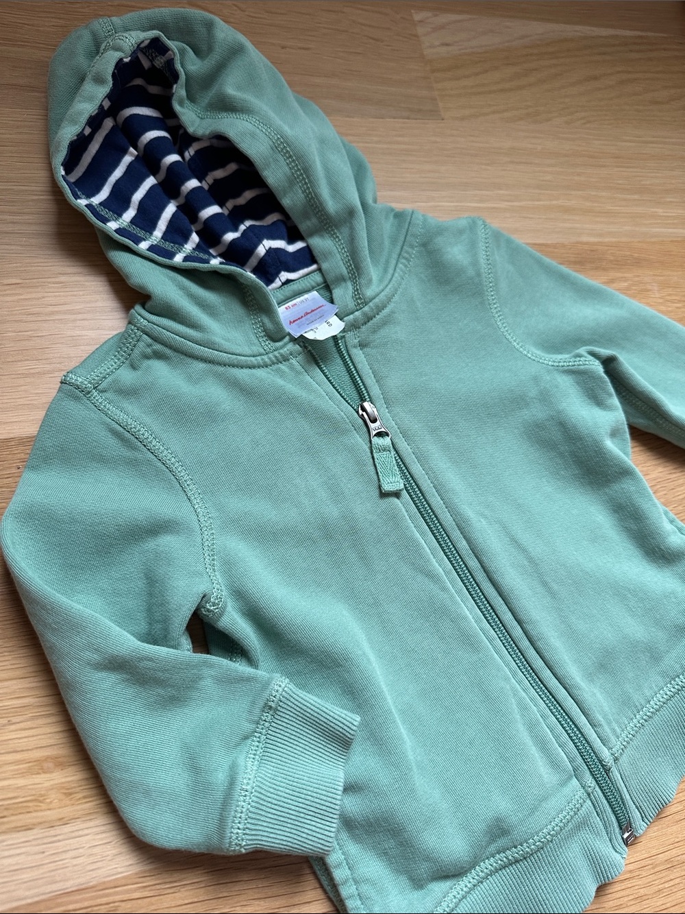 Hanna Andersson Green Zip Hoodie with Navy Stripe Hood